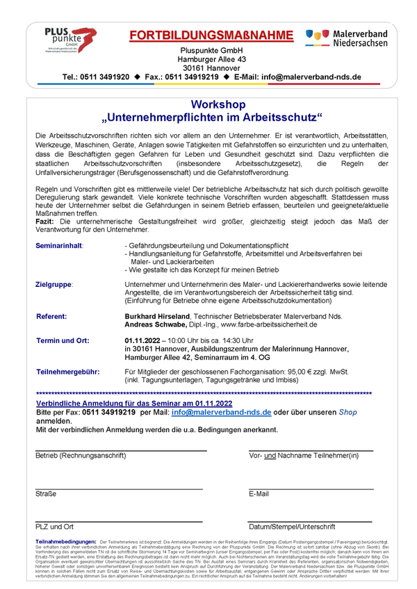 01.11.2022 Workshop "Unternehmerpflichten im Arbeitsschutz"